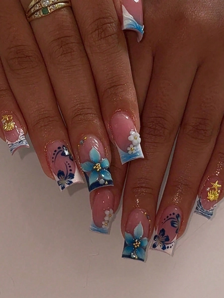 24pcs Long Coffin-Shaped Hibiscus Flower Decorated Pearl French Manicure False Nails Set, Including 1 Double-Sided Tape And 1 Nail File
