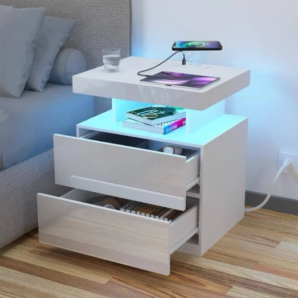 Hommpa Modern 2-Drawer Nightstand with Charging Station and Smart App Controlled RGB LED Light Strip