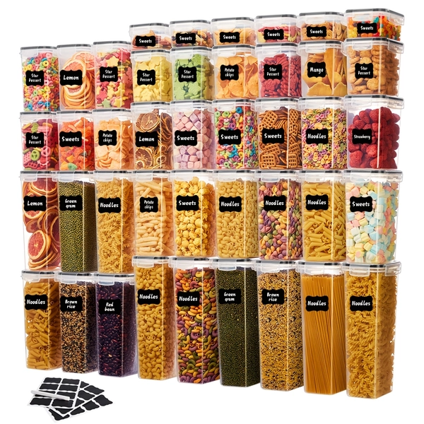 14/24/30/48/84-Piece 7/12/15/24/42 Jars + 7/12/15/24/42 Lids, Airtight Food Storage Containers, Stackable Design with Silicone Sealing Rings, Reinforced Latches, Suitable for Flour, Grains, Kitchen Supplies Storage, Includes Reusable Labels