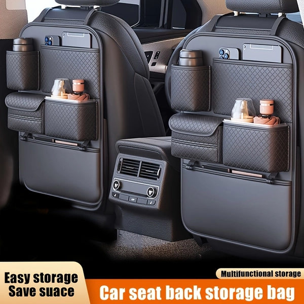 [2025 New PU Leather Car Bag] Universal Fit PU Leather Car Seat Back Organizer Bag | Multi-Layer Storage for Bottles, Tablets, Laptops & Accessories | Black, 2025 New, Stylish Car Organizer