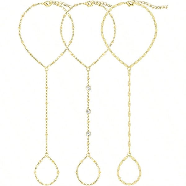 3PCS 14K Gold-Plated Hand Chain Bracelets For Women, Stack Bracelets Set Adjustable,  Dainty Ring Bracelet Hand Chain