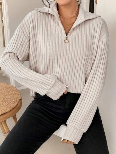 SHEIN Frenchy Zipper Front Drop Shoulder Textured Fabric Tee Winter