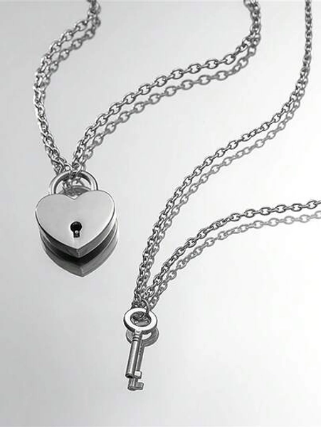 2 Pcs/Set Stainless Steel Pendant Necklace For Couple Key Lock Heart Couple Necklace Best Friends Jewelry Gift Machine Pendant Necklace Popular Geometry Adjustable Double Chain Couple Necklace Jewelry Gifts