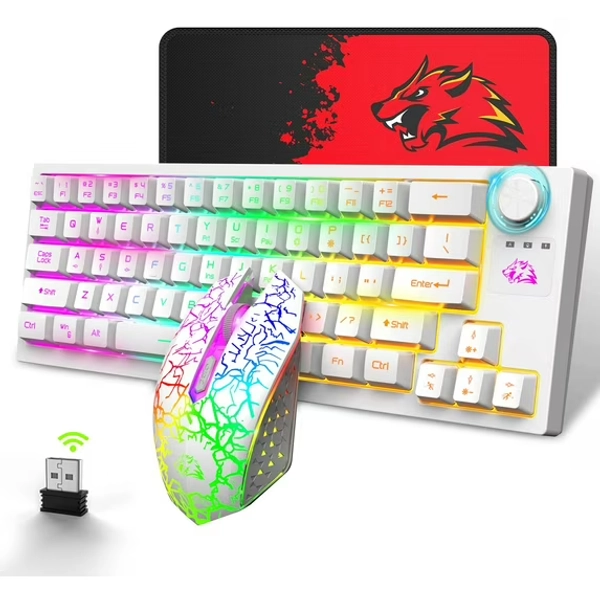 ZIYOULANG T50 60% Wireless RGB Gaming Keyboard and Mouse 4000mAh Rechargeable, 64 Keys TKL Ultra Compact Design, Lightweight Gaming Mouse for PC MAC PS4 Xbox Office Gamers-White