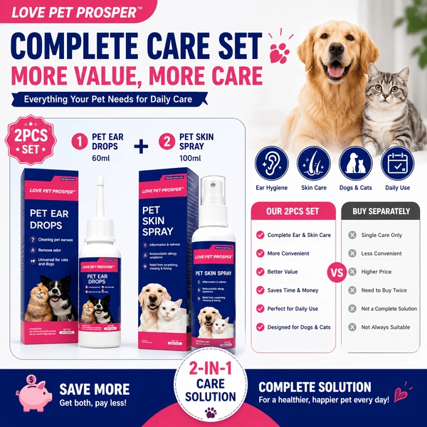 [LOVE PET PROSPER] 2-In-1 Pet Skin Spray And Ear Drops Set for Dogs And Cats, Mild Skin Care Spray And Ear Canal Cleansing Drops, Daily Pet Grooming Supplies