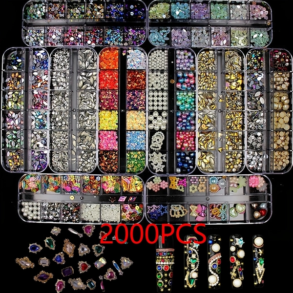 A Collection of 2000 Assorted Nail Jewelry Pieces Featuring Various Shapes, Including AB Crystal Glass And Resin, Perfect for Nail Art, Crafts, Clothing, Footwear, And Acrylic Nails