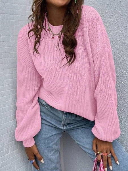 EMERY ROSE Women's Solid Color Round Neck Drop Shoulder Long Sleeve Casual Loose Pullover Sweater, Autumn/Winter