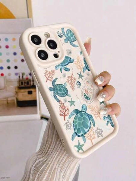 Apple Sea Turtle Painting Concave Beige Painted Soft Protective Phone Case Suitable For IPhone17/IPhone17 Air/IPhone17 Pro/IPhone17 Pro Max/16 Pro Max/15 Pro Max/14 Pro Max/13 Pro Max/12 Pro Max/11 Pro Max, Fashion Cute Thick Cover Waterproof Shockproof Anti-Fall Scratch Resistant