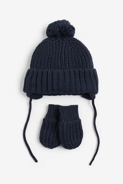 2-piece Beanie and Mittens Set - Dark blue