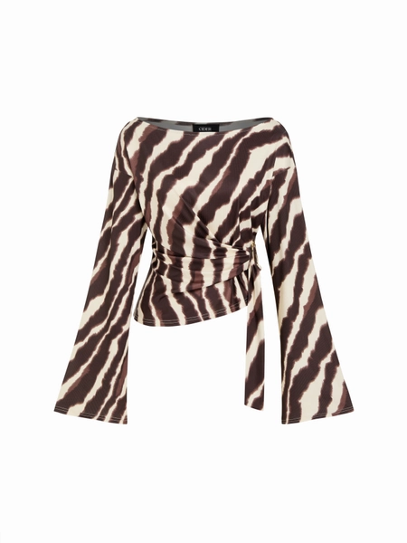 Boat Neck Zebra Striped Belted Bell Sleeve Top