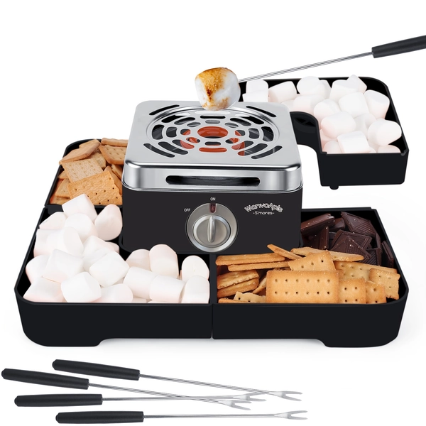 Indoor Smore Maker Electric, S'mores Maker Tabletop Indoor, Marshmallow Roaster Table Top with Flamesless Heater & 4 Serving Trays & 4 Skewers for Chocolate, Family Kids Fun-Peach Color
