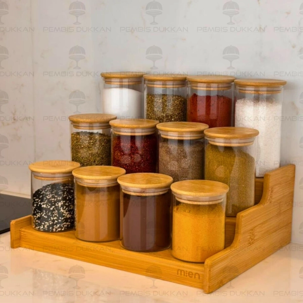 Pembiş Dükkan | 3 BASAMAKLI TEZGAH ÜSTÜ, 12Lİ BAMBU KAPAKLI BAHARATLIK KOMBİN SET (330-6508-6510-6512)