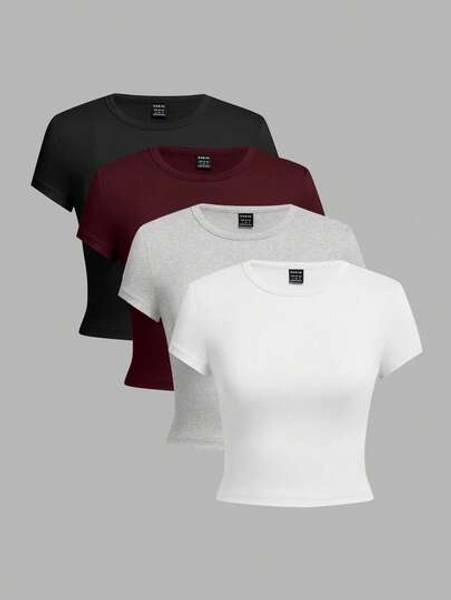 SHEIN EZwear 4pcs/Set Black, Wine Red, Gray, White Casual Round Neck Short Sleeve Fitted Women T-Shirts, Suitable For Summer