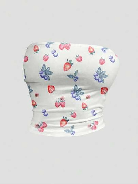 Sweetra Women's Y2K Strawberry Blueberry Fruit Print Crop Top, Cute Summer Tube Top, Beach & Holiday Wear
