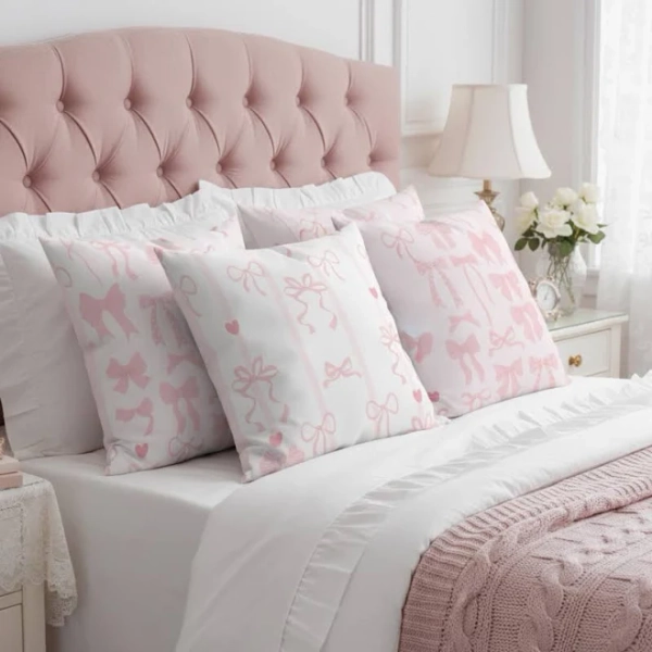 Coquette Pink Bow Pillow Covers Set of 4 Girly Aesthetic Pillows, Ribbon Throw Pillows, Preppy Nursery Decor, Teen Dorm Room Accent