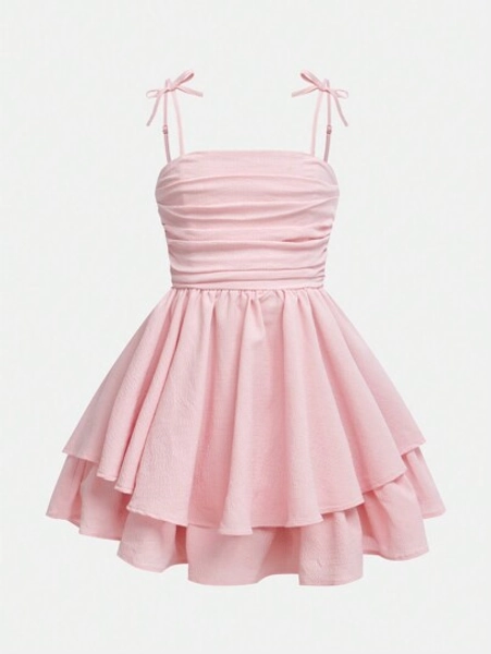 SHEIN Girlism Tween Girls' Woven Solid Color Bubble Pleated Double Layer Dress Casual Strappy French Fairy Dress,Elegant Long Sleeve Cake Dress, Great For Casual & Daily Wear & School Daily In Autumn & Winter, For Christmas ,Vacation, Party Wear ,Birthday Dress,Valentine's Day,Wedding Season,Princess Dress,Valentine's Day Holiday Outfits