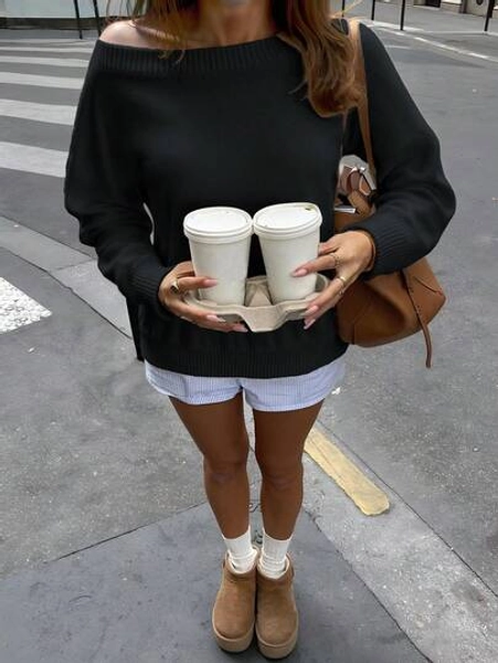 Women's Casual Solid Color Boat Neck Loose Fit Batwing Long Sleeve Pullover Sweater, Autumn/Winter