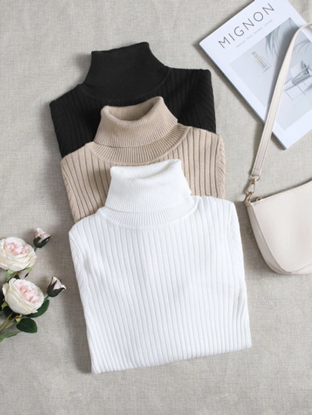 3pcs/Set Turtleneck Ribbed Knit Pullover Sweaters, Fashionable & Versatile For Women, Autumn/Winter