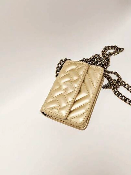 Women's Mini Silver Quilted Crossbody Bag With V-Stitch Embroidery & Chunky Chain Strap, Shiny Evening Purse For Party & Formal Events