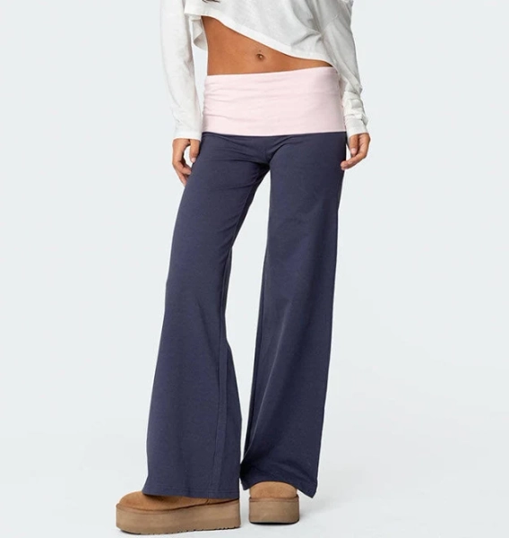 Edikted Women's Wide Leg Contrast Fold Over Pants