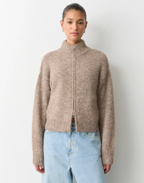 Funnel Neck Zip Knit Cardigan