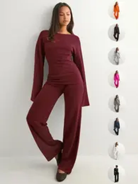 Women's Fall New Round Neck Flare Long Sleeve Top & Elastic Waist Straight Leg Pants Set, Casual Fashion for Daily Wear