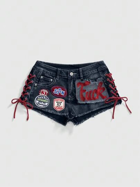 ROMWE Avant Women's Y2K Retro Jersey Sports Ballet Style Graphic Logo Embroidered Drawstring Low Waist Sexy Mini Denim Shorts