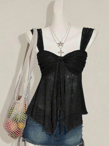 Sweetina Black Lace Sweetheart Tank Top With Wide Straps And Asymmetrical Ruched Hem
