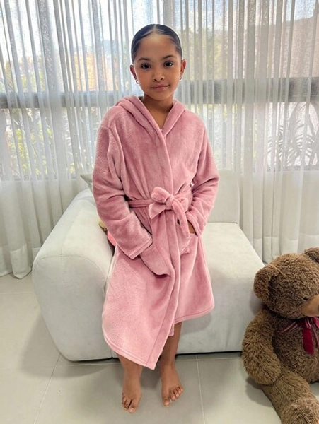 SHEIN Tween Girls Casual Reversible Fleece Solid Color Hooded Cardigan Robe Loungewear, Pink Fall Winter Bathrobe For Girls Girls Housecoat Kids Towel Robe