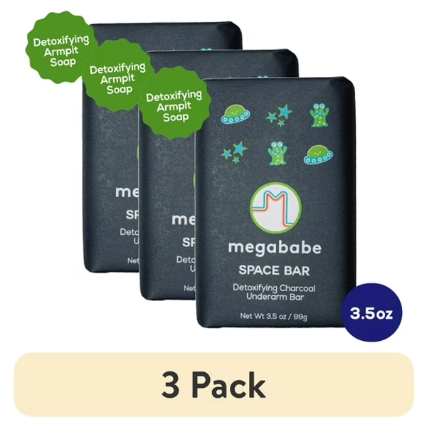 (3 pack) Megababe Space Bar Underarm Bar Soap with Detoxifying Charcoal for Odor Control, 3.5 oz