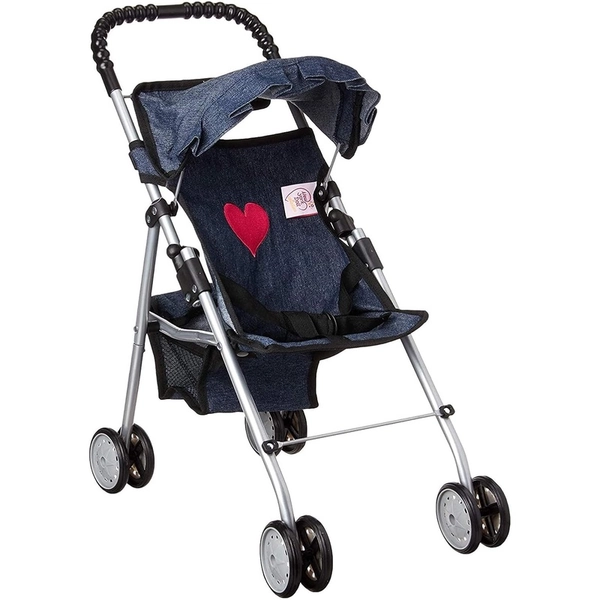 My First Doll Stroller for 18" Dolls - Denim Baby Carriage with Hooded Doll Carrier, Foldable Frame, Storage Basket & White All-Terrain Wheels - Role-Play Pretend Care Accessory for & (+)