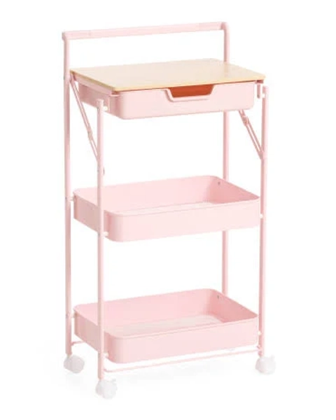 34.5in 3 Tier Foldable Cart With Drawer | Blush