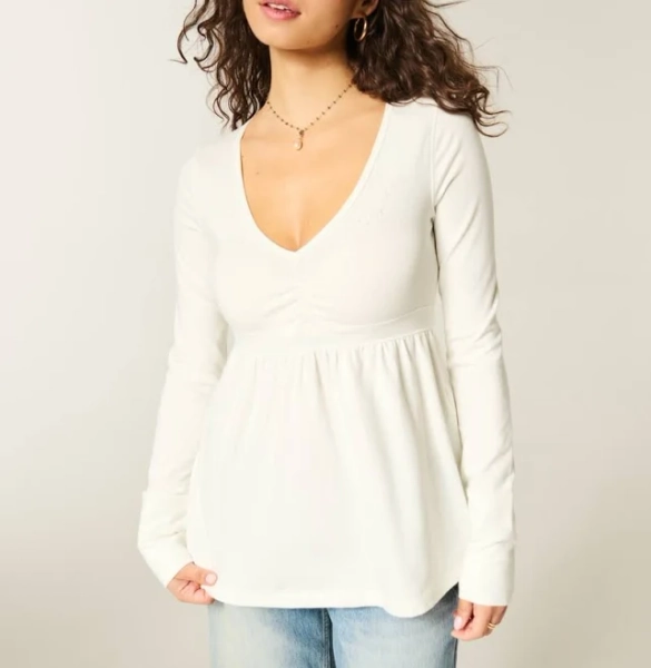 Women's Long-Sleeve Pinch Bust Babydoll Top