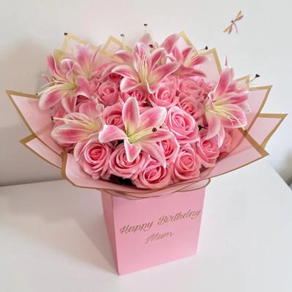 Personalised Pink Lily Rose Bouquet, Romantic Flower Arrangement, Luxury Pink Roses Gift, Anniversary Birthday Flowers, Mother's Day Bouquet