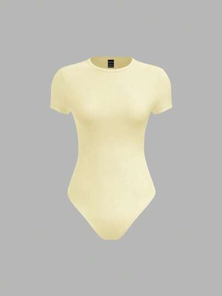 SHEIN BASICS Casual Solid Color Knit Crew Neck Short Sleeve Bodysuit For Women