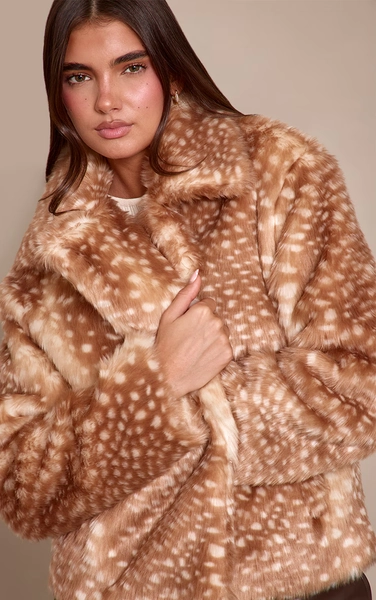 Brown Deer Print Faux Fur Coat