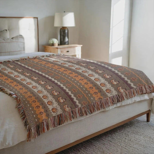Stardew Fall Pixel Chickens Woven Throw Blanket | Pixel Pumpkins Home Decor | Autumn Fall Decoration | Tapestry Style | Housewarming Gift