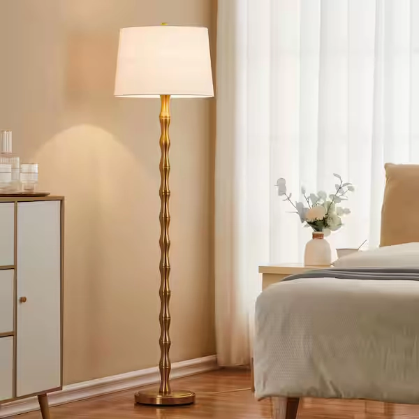 KAWOTI 61 in. Gold Floor Lamp with White Fabric Shade 21153