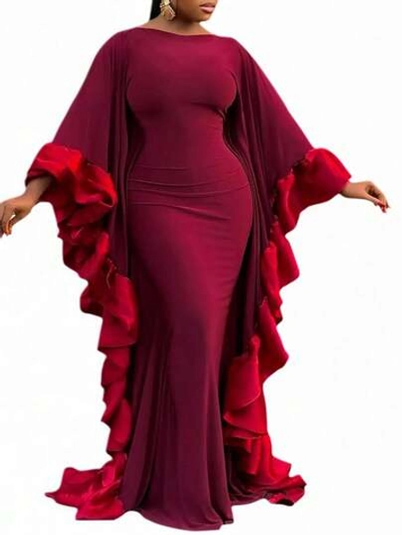Red  Long Dress With Dramatic Ruffle Cape Design For Special Occasions - Size L