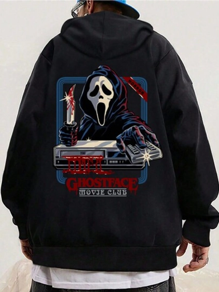 Men's Drop Shoulder Horror Movie Letter Graphic Casual Drawstring Pocket Hoodie Sweatshirt, Versatile For Street, Outdoor, Holiday, And Daily Commute, 2000s Style, For Fall Winter