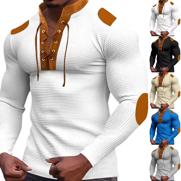 Cross-border new men's waffle color matching strap V-neck top casual long-sleeved bottoming T-shirt - AliExpress 200000343