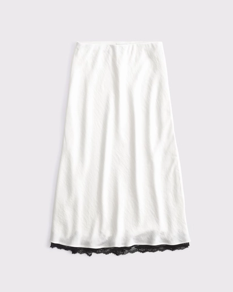 High Rise Satin Lace-Hem Midi Skirt