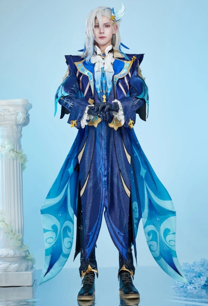 Genshin Impact Neuvillette Cosplay Costume Long Robe and Trousers with Long Shawl and Gloves