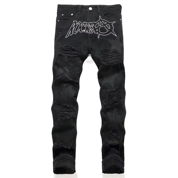Autumn And Winter Retro Black Ripped Jeans Men'S Straight Leg Pants Pentagram Patch Casual Jeans Pants - AliExpress 200000343