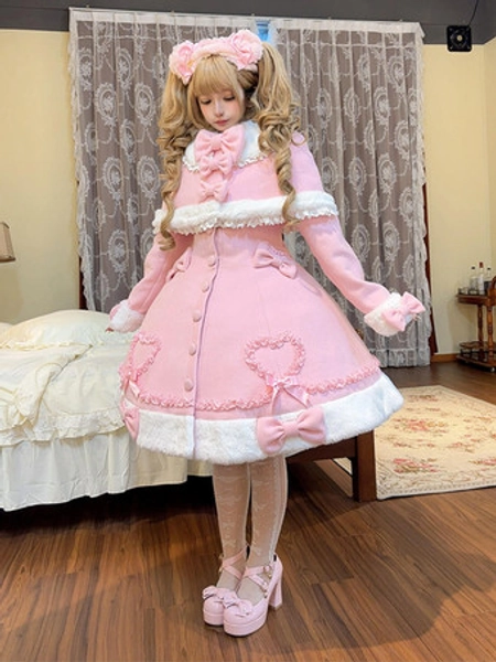 Overcoat Sweet Kawaii Old School Y2K Era Lolita Coats Pink Bows Polyester Cloak Poncho Cape Lolita Outwears