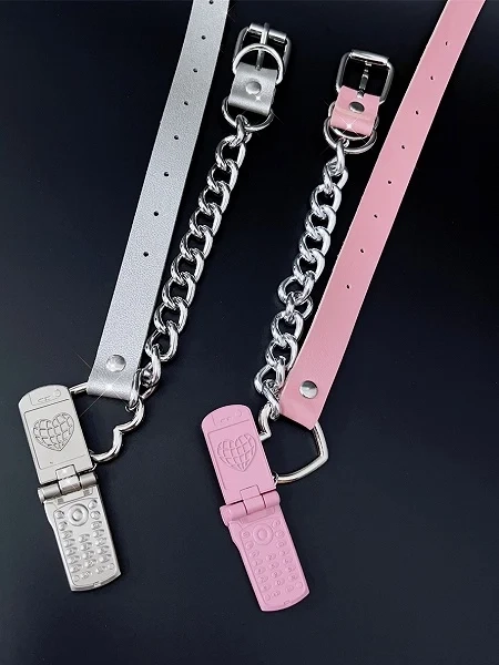 [£8.11]Pink/Silver Y2K Phone Pendant PU Choker