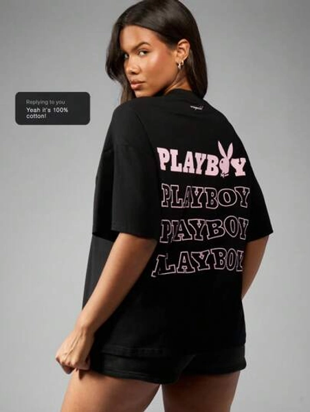 Missguided x Playboy Oversized T-Shirt Loungewear Sleepwear Graphic Print Logo Streetwear Casual Summer Athleisure Urban Weekend Comfort Y2K Fashion