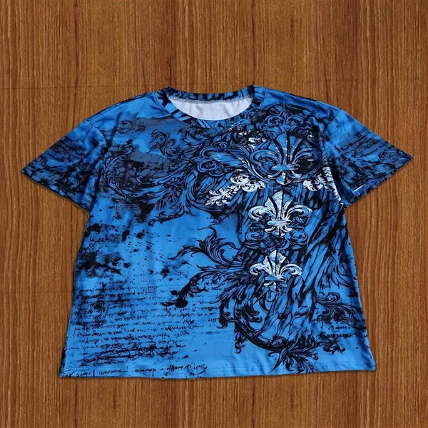 3D Printed Full Body Floral And Leaf Print T-Shirt for Men - Breathable Round Neck Short Sleeve, Blue And Black Casual And Sportswear, Suitable for Outdoors, Parties, Festivals - All-Season Comfortable Fit for Men And Teens
