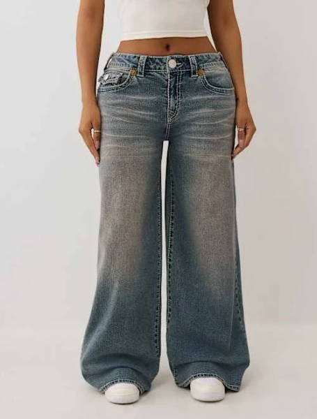 True Religion Women's Jessie Mid Rise Big T Super Baggy Jeans
