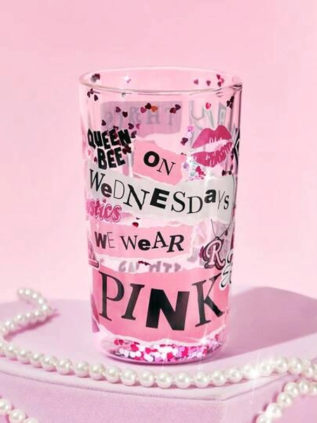 Mean Girls X SHEIN 1pc 11.8oz/350ml Letter Graphic Double-Wall Borosilicate Glass Cup, Heat-Resistant, Suitable For Milk, Juice, Coffee, That's So Fetch, On Wednesday We Wear Pink